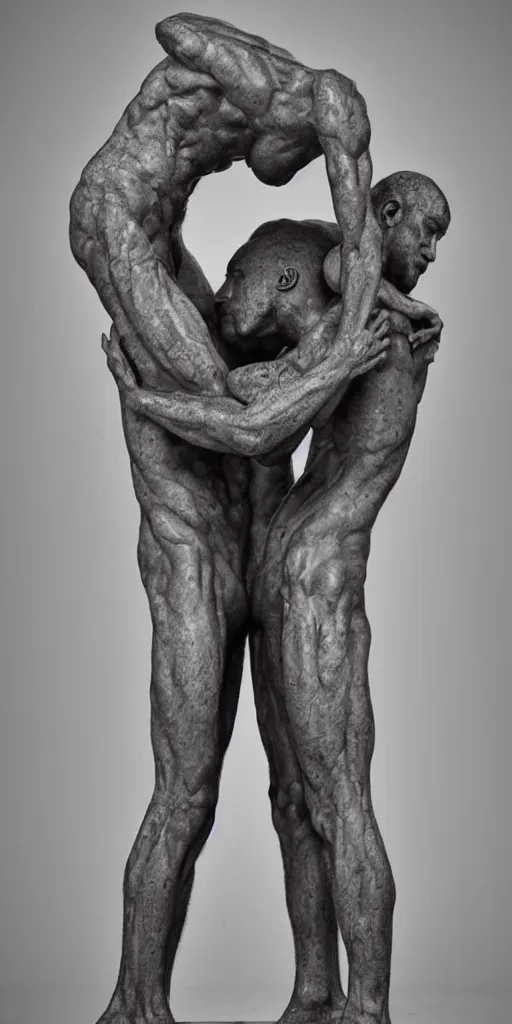 Prompt: a highly detailed brutalist sculpture of sharp angular beautiful human bodies in a loving embrace, aggressive, angles, sharp lines, faceted