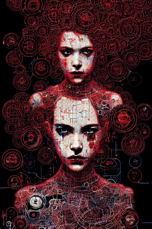 Image similar to dreamy cyberpunk girl, abstract black leather, digital nodes, beautiful woman, detailed acrylic, grunge, intricate complexity, by dan mumford and by chiharu shiota, peter lindbergh