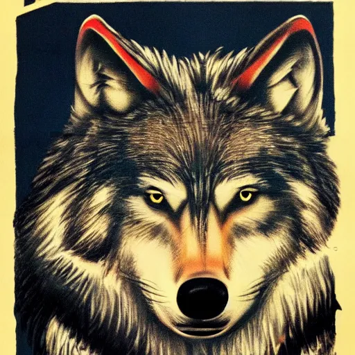 Prompt: wolf portrait, soviet propaganda poster style, populism, propaganda, lies, squint eyes