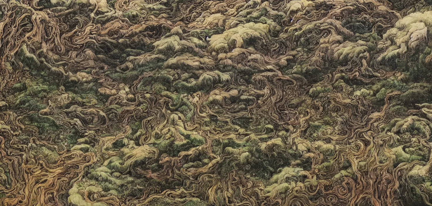 Image similar to epic beautiful painting of a detailed artisan landscape in the style of Junji Ito