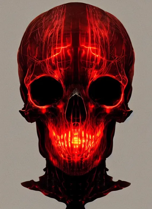 Image similar to portrait of cybernetic skull with glowing red eyes, by wayne barlow, stanley donwood, anton semenov, zdzislaw bekinski, hr giger, 8 k, sci fi, dark, highly detailed