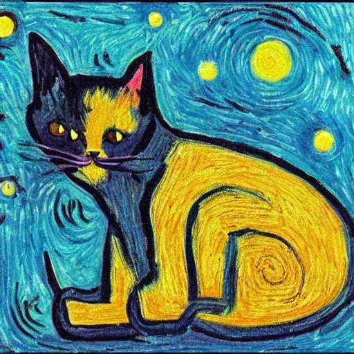 Image similar to a cat, in the style of van gogh and max ernst