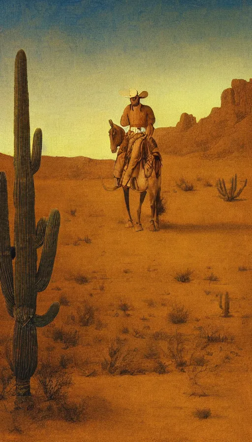 Image similar to painting of cowboy riding horse in the desert sunset, by Leonardo DaVinci, saguaro cacti, golden hour, dramatic lighting, intricate detail, canvas print