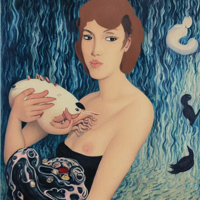 Prompt: tall female emo artist holding a pig in her flooded bathroom, octopus, water gushing from ceiling, painting of flood waters inside an artist's bathroom, a river flooding indoors, pomegranates, pigs, ikebana, water, octopus, river, rapids, waterfall, black swans, canoe, berries, acrylic on canvas, surrealist, by magritte and monet