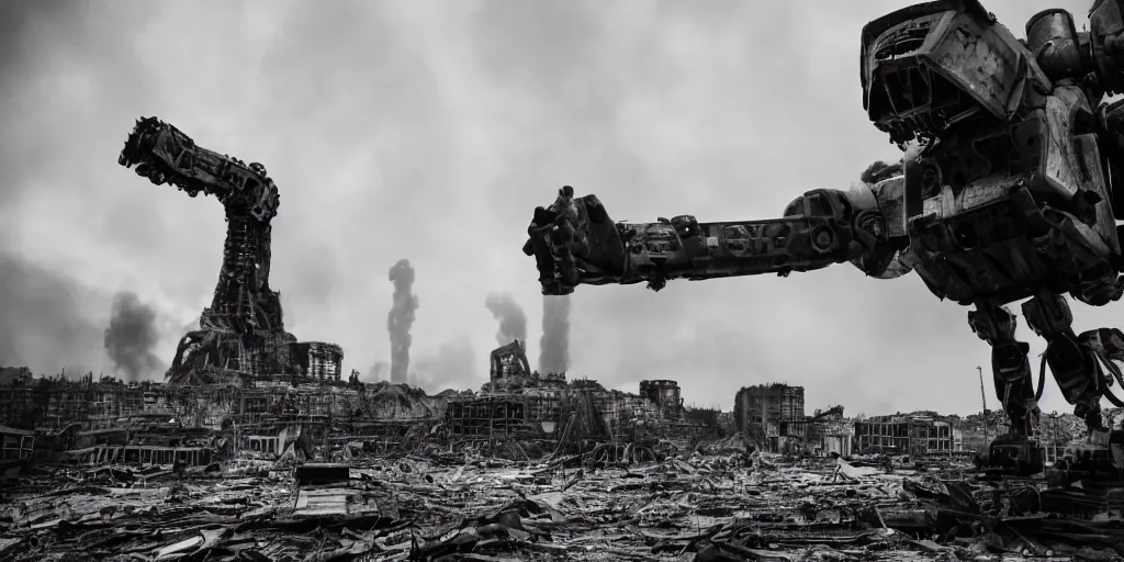 Image similar to wide angle photo, 1 8 mm canon 5 d mark 3, f 1 8, of a scary giant, metal machine pig robot : : 1. 5 looming huge over the buildings of a city on fire that is destroied, in the film style of a hollywood summer blockbuster movie