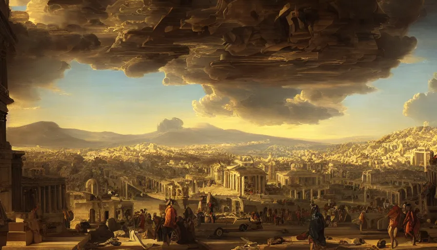 Prompt: 1 6 7 6's baroque painting of athens with humongous glass futuristic buildings built in the horizon at day, volumetric light, hyperdetailed, artstation, cgsociety, 8 k