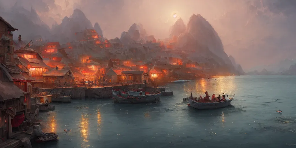 Prompt: Cozy small city on a cape, red roofs, fishing boats. In style of Greg Rutkowski, Jesper Ejsing, Makoto Shinkai, trending on ArtStation, fantasy, great composition, concept art, highly detailed, scenery, 8K, Behance.