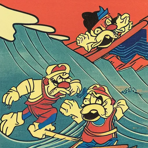 Prompt: Wario and Garfield fighting with katanas next to a raging sea, Japanese woodblock print