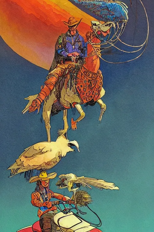 Prompt: illustration of cowboy riding a fantasy emu bird, scifi, art by jean giraud, moebius, juan gimenez, in watercolor gouache detailed paintings, in style of syd mead, colorful comics style, artstation