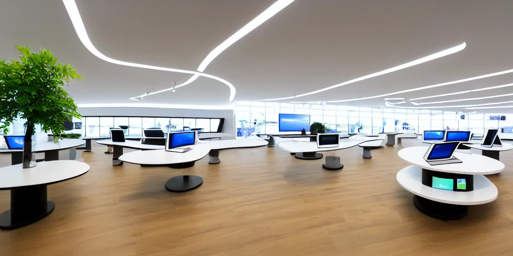 Image similar to wide angle photograph, atmospheric, realistic lighting, light bloom sunlight, nature outside, reflections, small samsung store. white walls. timber floor. display tables with phones and tablets. low ceilings with downlights and spots. curved white furniture with large digital screens. a few plants in the background