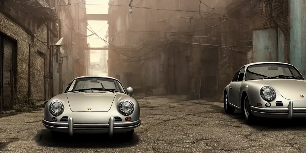 Image similar to a wholesome animation key shot of a focused old silver Porsche car parked in an abandoned alleyway, medium shot, waist up, studio Ghibli, Pixar and Disney animation, sharp, very detailed, high resolution, Rendered in Unreal Engine 5, anime key art by Greg Rutkowski, Bloom, dramatic lighting