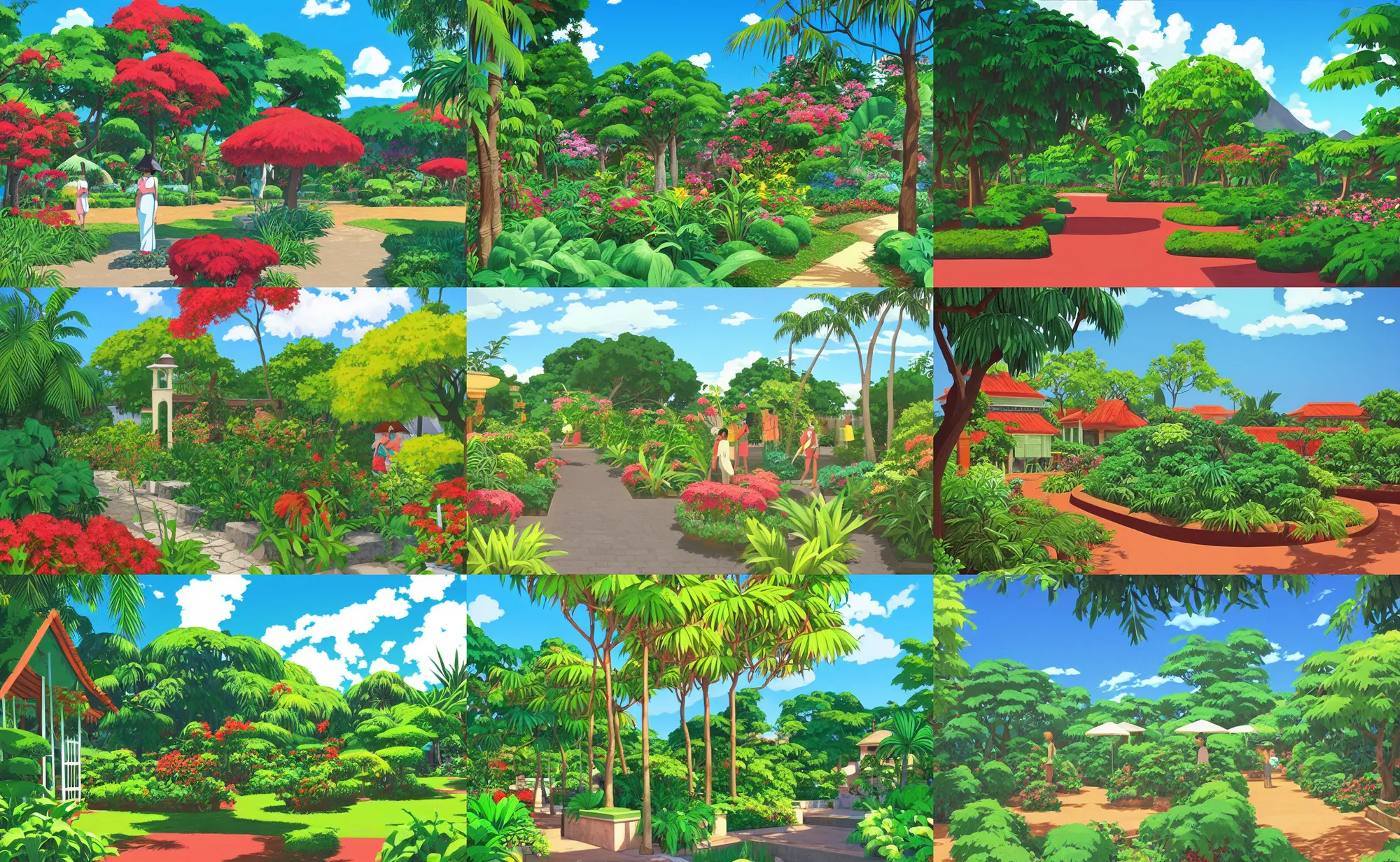 Prompt: a creole garden from reunion island graphic novel style by ( ( ( kenton nelson ) ) ), by makoto shinkai, by studio ghibli, anime, trending on artstation