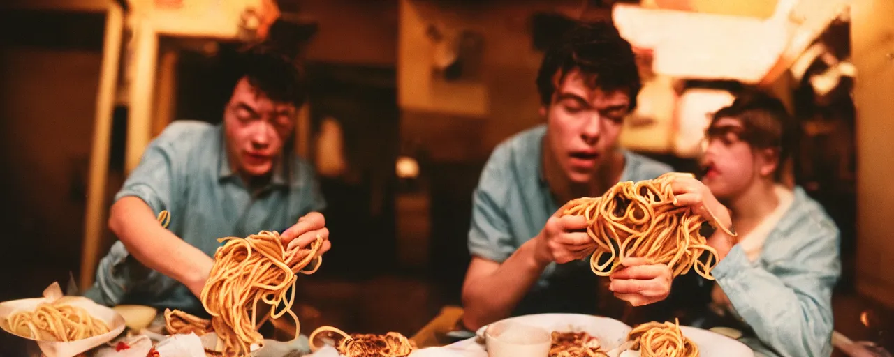 Prompt: a person puking up spaghetti while another person eats it, canon 5 0 mm, cinematic lighting, photography, retro, film, kodachrome
