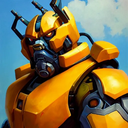 Image similar to greg manchess portrait painting of bumblebee the transformer as overwatch character, medium shot, asymmetrical, profile picture, organic painting, sunny day, matte painting, bold shapes, hard edges, street art, trending on artstation, by huang guangjian, gil elvgren, ruan jia, greg rutkowski, gaston bussiere