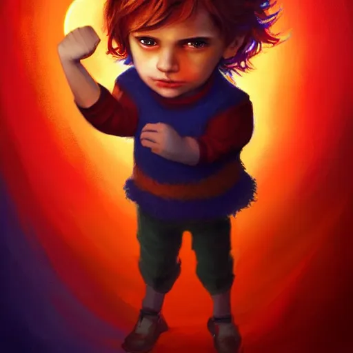 Prompt: colorful and festive captivating young child boy, brown fluffy hair, wearing red and yellow hero suit, shooting a crescent moon out of his fist. full body, rich vivid colors, ambient lighting, dynamic lighting, 4 k, atmospheric lighting, painted, intricate, highly detailed by charlie bowater