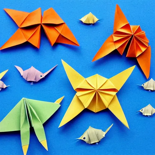 Image similar to origami sea creatures in a paper ocean diorama
