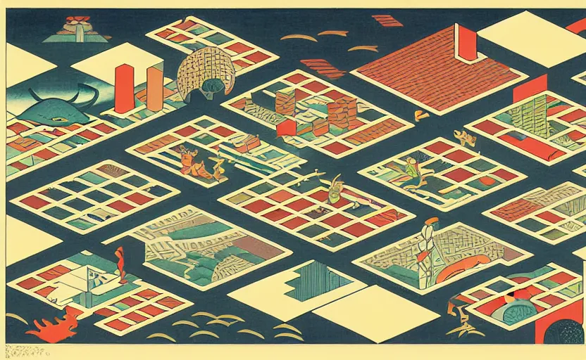 Image similar to isometric urban dashboard with time series charts, pie plots and other modern graphics, with small creatures swimming on it. monografia by diego rivera ( ukiyo - e influence )