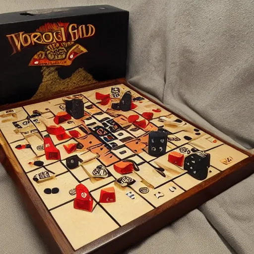 Image similar to game board made in wood, fantasy, with dice, epic, cinematic, thriller