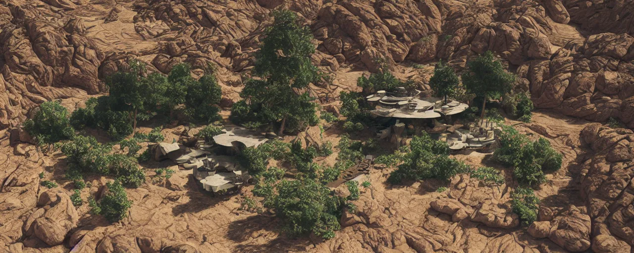 Image similar to villa carved from mountain, martian landscape, outer space, plants, river, forest, photorealism, octane render, hyper realistic, 8 k