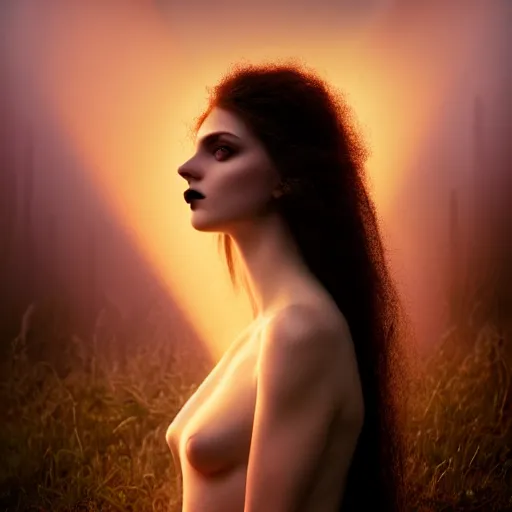 Image similar to photographic portrait of a stunningly beautiful gothic female in soft dreamy light at sunset, god rays, contemporary fashion shoot, by edward robert hughes, annie leibovitz and steve mccurry, david lazar, jimmy nelsson, breathtaking, 8 k resolution, extremely detailed, beautiful, establishing shot, artistic, hyperrealistic, beautiful face, octane render