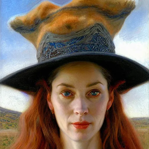 Image similar to portrait of a woman with little horns that peek out of her hat, by donato giancola.