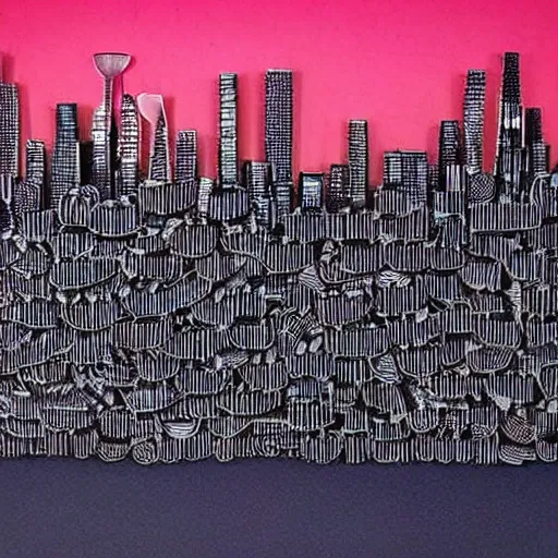 Prompt: A city skyline made out of spoons, forks, and knives, at sunset, beautiful lighting, detailed, realistic