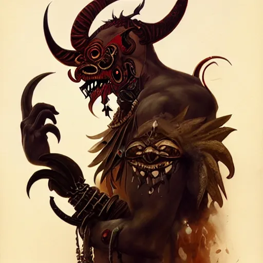 Image similar to side profile of barong family member, wiwek, mara demon, one single tribe member, jungle, one single mask, dark, ancient viking warrior, ninja, tribal, inner glow, paint by peter mohrbacher