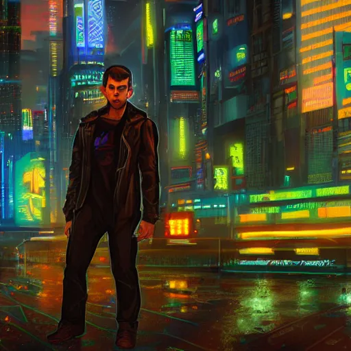 Image similar to alex o'connor in a cyberpunk city