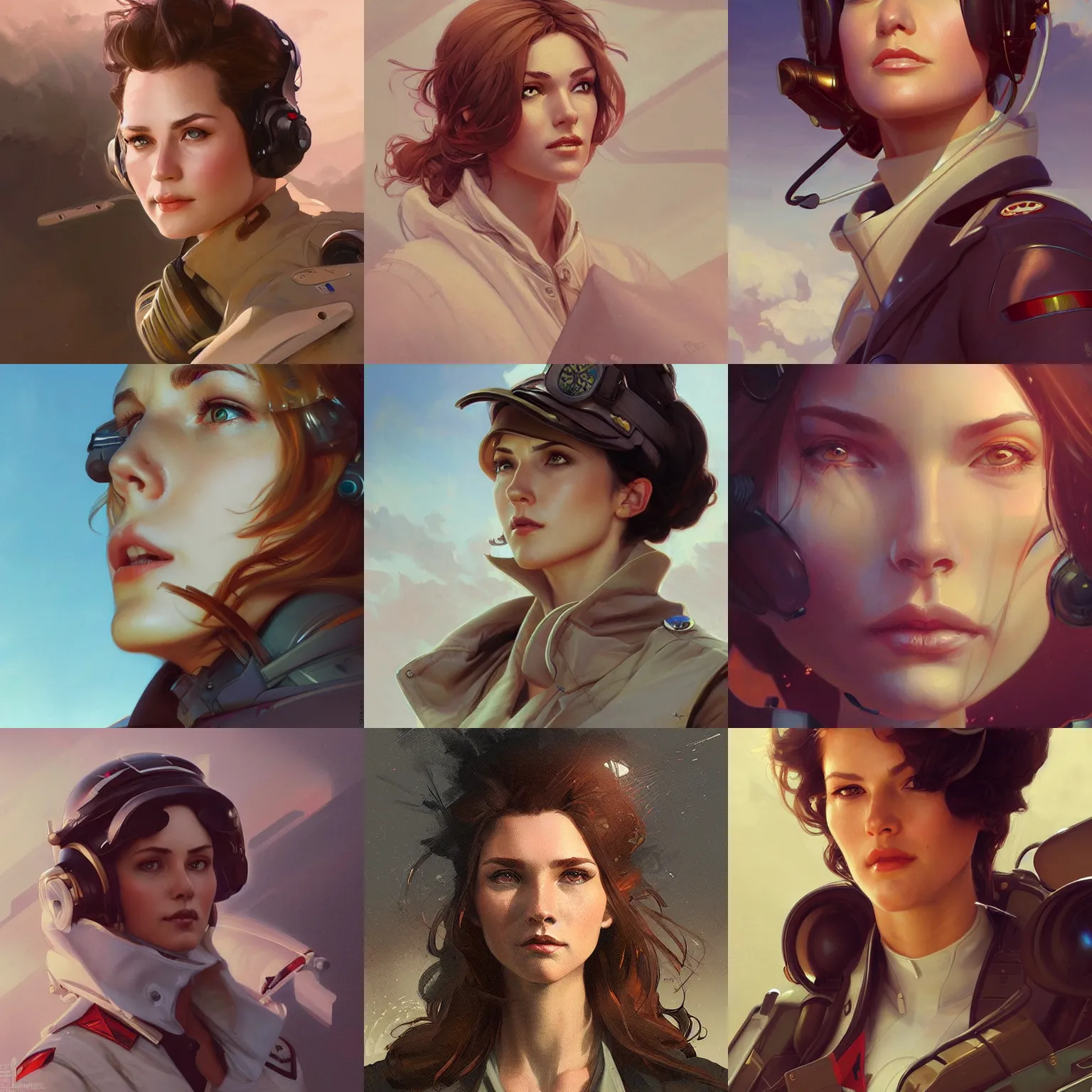 Image similar to female pilot, portrait, highly detailed, digital painting, artstation, concept art, sharp focus, illustration, art by artgerm and greg rutkowski and alphonse mucha