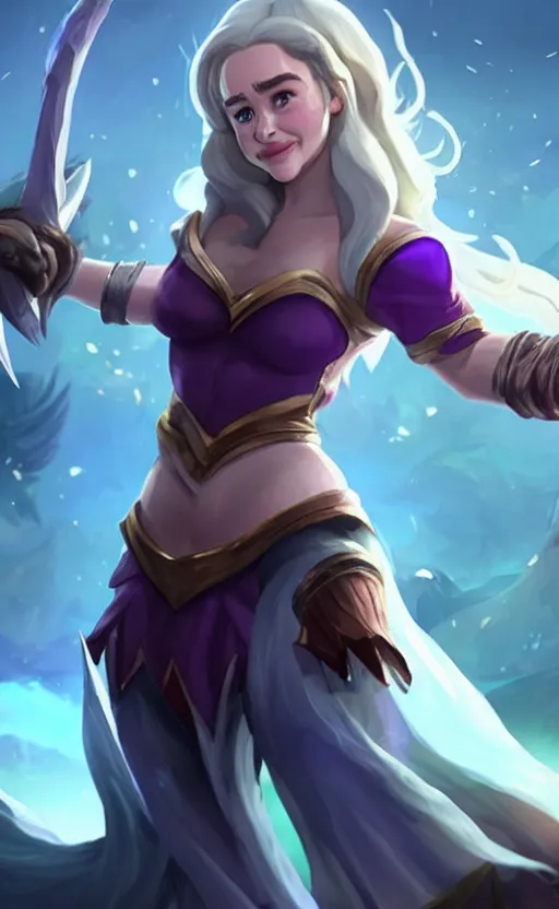 Image similar to Emilia Clarke as a character in the game League of Legends, with a background based on the game League of Legends, smiling, detailed face, old 3d graphics