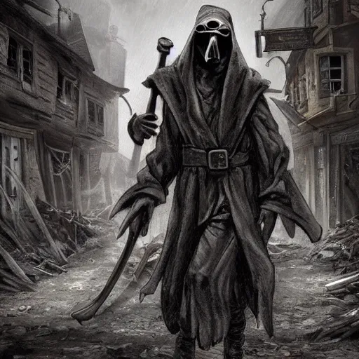 Image similar to plague doctor walking through a town ravaged by plague, dark, creepy, death, disease, hyperdetailed, concept art, artstation