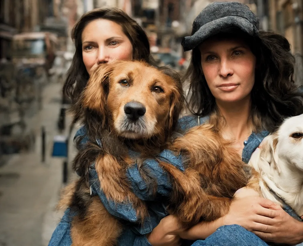 Image similar to closeup portrait of beautiful woman carrying a dog, smoky new york back street, by annie leibovitz and steve mccurry, natural light, detailed face, canon eos c 3 0 0, ƒ 1. 8, 3 5 mm, 8 k, medium - format print