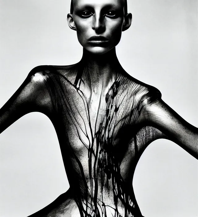 Image similar to photography portrait of one female fashion model wearing fluid organic clothes designed by iris van herpen, photography by paolo roversi nick knight, helmut newton, avedon, and araki, natural pose, highly detailed