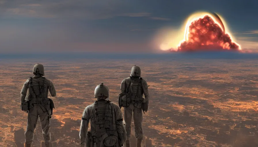 Image similar to back view of soldiers watching huge nuclear explosion in the horizon over washington dc, hyperdetailed, artstation, cgsociety, 8 k