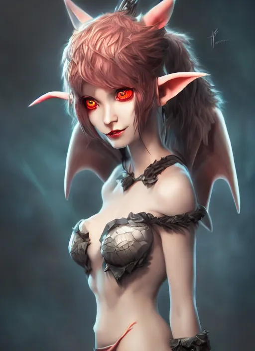 Image similar to imp demon goddess, cute elf ears, strapless dress, character portrait in the style of thomas river and artgerm, cinematic lighting, hyperdetailed, 8 k realistic, symmetrical, global illumination, radiant light,, frostbite 3 engine, cryengine, dof, trending on artstation, digital art, chanel