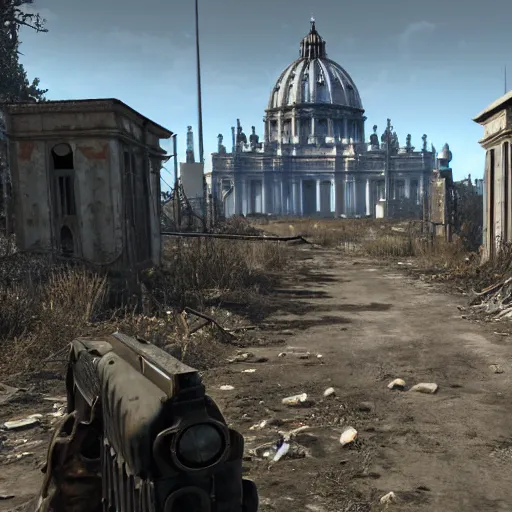 Image similar to vatican city in ruins post - nuclear war in fallout 4, in game screenshot