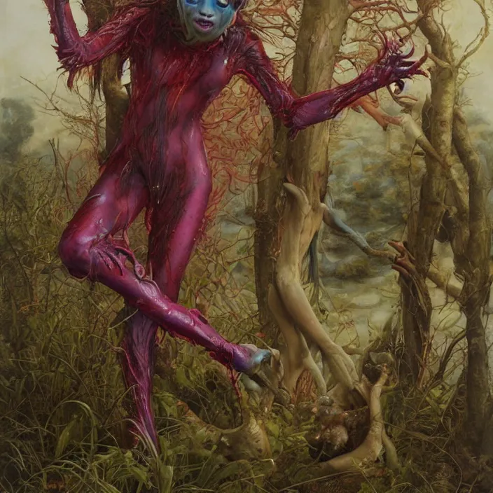 Image similar to a portrait photograph of sadie sink as a elegant brightly colored satyr alien hybrid with wet mutated skin. wearing an infected organic catsuit. by tom bagshaw, donato giancola, hans holbein, walton ford, gaston bussiere, brian froud, peter mohrbacher and magali villeneuve. 8 k, cgsociety