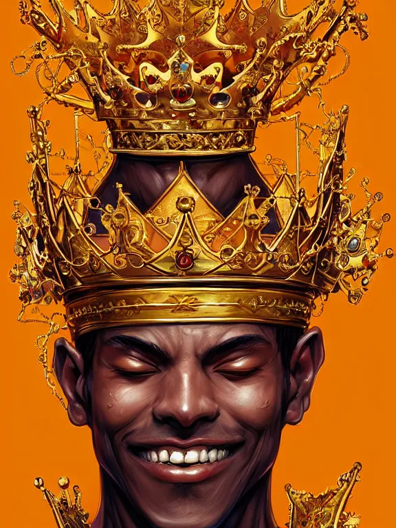 Prompt: digital art, centered full body of an smiling king, golden crown, ,intricate, veins, by James Jean and by artgerm , by ross tran ultradetailed, charachter design, concept art, trending on artstation,