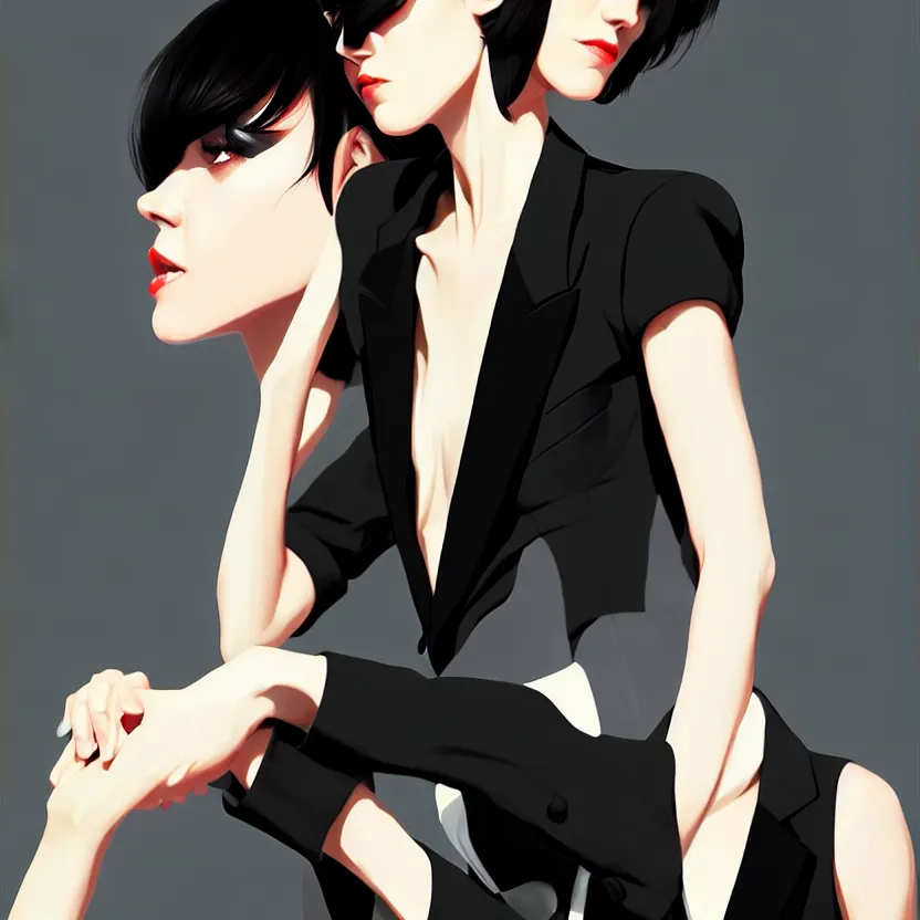 Image similar to jena malone, slim cruel business girl in tuxedo with black bob hair, elegant, 2 d, ultra highly detailed, digital painting, smooth, sharp focus, artstation, art by ilya kuvshinov!