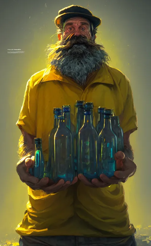 Image similar to hobocop with yellow plastic bag full of bottles from the disco elysium, concept art by aleksander rostov, oil painting, artstation trending, symmetry, awesome exposition, very detailed, highly accurate, intricate, professional lighting diffracted lightrays, 8 k, sense of awe, gamers magazine cover