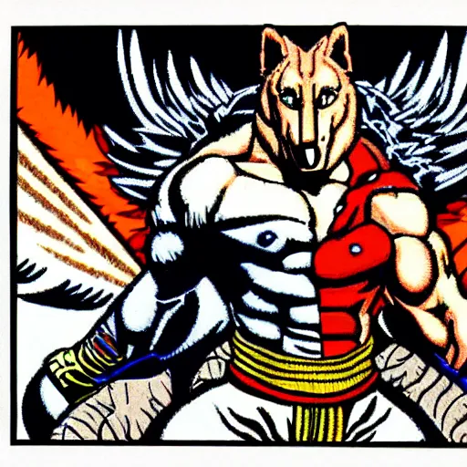 Image similar to full body portrait. 1 6 bit sega graphics. antropomorphic muscular masculine wolf, kickboxer fighter, in shorts, in front of destroyed city. wolf head. furr on body. at night. 1 9 8 9