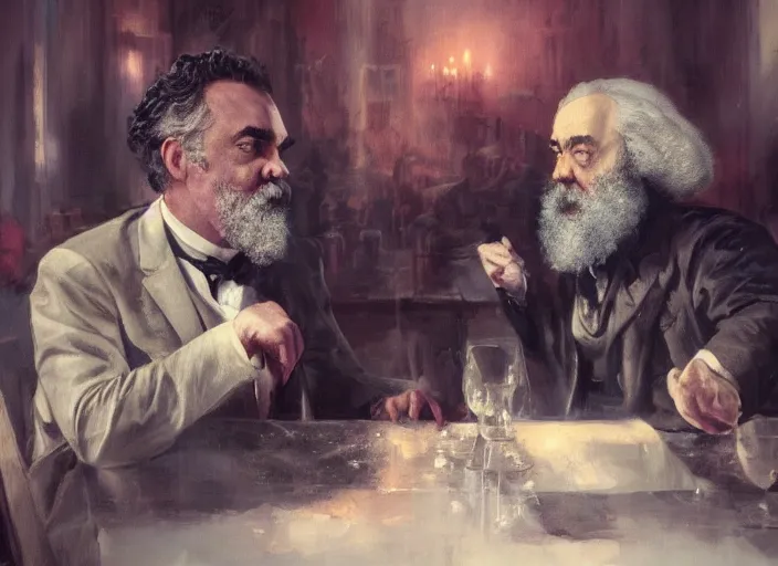 Image similar to Jordan Peterson having a conversation with Karl Marx by Greg Rutkowski, 4k, masterpiece