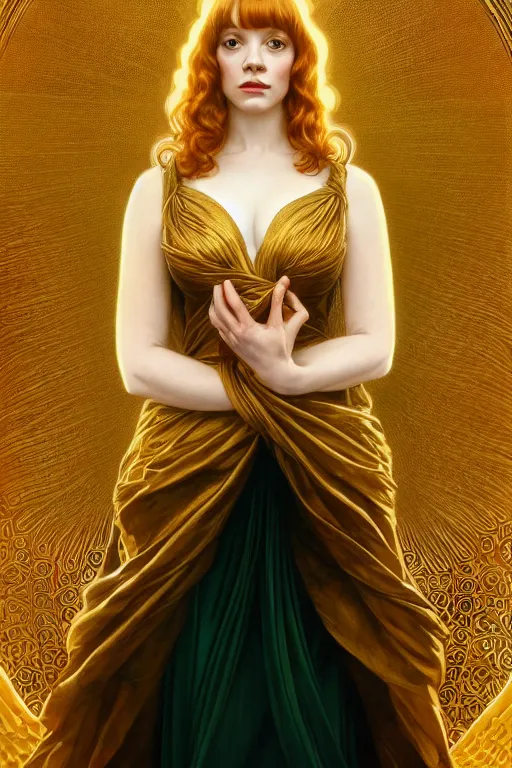 Prompt: symmetrical!! looking at the camera!!! a portrait of an angel young christina hendricks wearing a golden flowing dress, upper body, concept art, deep focus, sky, heaven, clouds, intricate, highly detailed, digital painting, artstation, matte, sharp focus, illustration, art by greg rutkowski and alphonse mucha