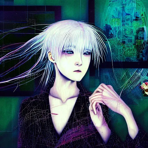 Image similar to yoshitaka amano blurred and dreamy three quarter angle portrait of a young woman with white hair and black eyes wearing dress suit with tie, playstation 2 horror game, junji ito abstract patterns in the background, satoshi kon anime, chungking express color palette, noisy film grain effect, highly detailed, renaissance oil painting, weird portrait angle, blurred lost edges