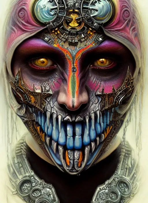 Image similar to hyper detailed masterpiece undead aztec face tattoo warrior by donato giancola and tom bagshaw, face by artgerm and edmund leighton, and h. r. giger, trending on artstation, colorful, psychedelic aesthetic, ornate, background by james jean, 8 k, biomechanical, majestic, volumetric lighting, porcelain skin, concept art, sharp focus