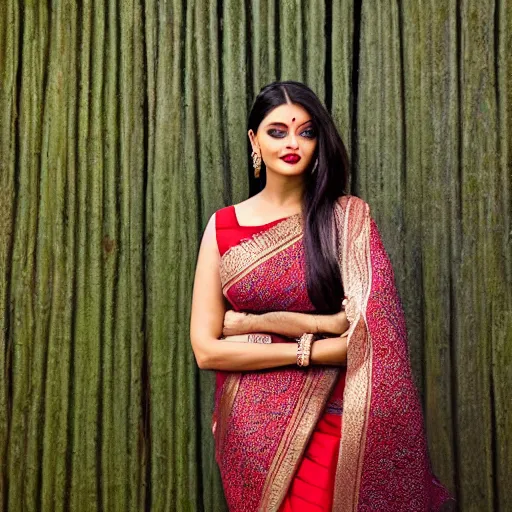 Prompt: Portrait of aishwarya rai wearing assamese bihu mekhela sleeveless silk saree, face by Artgerm, XF IQ4, 250MP, 50mm, F1.4, ISO 200, 1/250s, natural light, Adobe Lightroom, photolab, Affinity Photo, PhotoDirector 365, model photography by Steve McCurry in the style of Annie Leibovitz, intricate, elegant, highly detailed,sharp focus