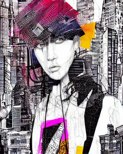 Image similar to cypherpunk fashion illustration, camera face, city street background with high tall buildings, abstract portrait highly detailed, finely detailed