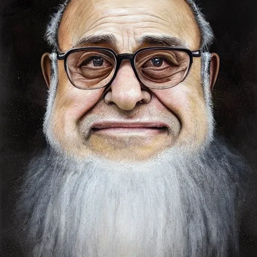 Image similar to hyperrealistic mixed media high resolution painting of Danny DeVito as Gandolf the White, stunning 3d render inspired art by István Sándorfi and Greg Rutkowski and Unreal Engine, perfect symmetry, dim volumetric lighting, 8k octane beautifully detailed render, post-processing, extremely hyper-detailed, intricate, epic composition, highly detailed attributes, highly detailed atmosphere, cinematic lighting, masterpiece, trending on artstation, very very detailed, masterpiece, stunning, flawless structure, lifelike texture, perfection,