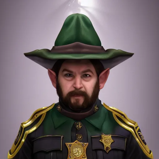 Image similar to a shifty fat high fantasy elf mall cop with a sheriff's badge, Oil Painting, hyperrealistic, octane render, Detailed Digital Art, RPG portrait, 3/4 bust, William-Adolphe Bouguereau, Michael Cheval, dynamic lighting, Highly Detailed, Cinematic Lighting, 8k, HD