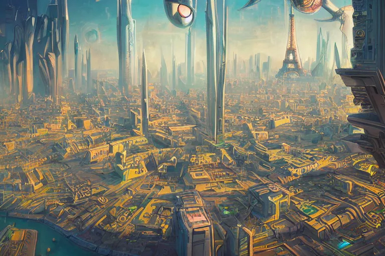 Prompt: futuristic city of paris, illustration painting, intricate, detailed illustration, hd, digital art, overdetailed art, concept art, complementing colors, detailed, illustration painting by leonardo da vinci, digital art, overdetailed art, concept art, complementing colors rendered by beeple, syd meade,